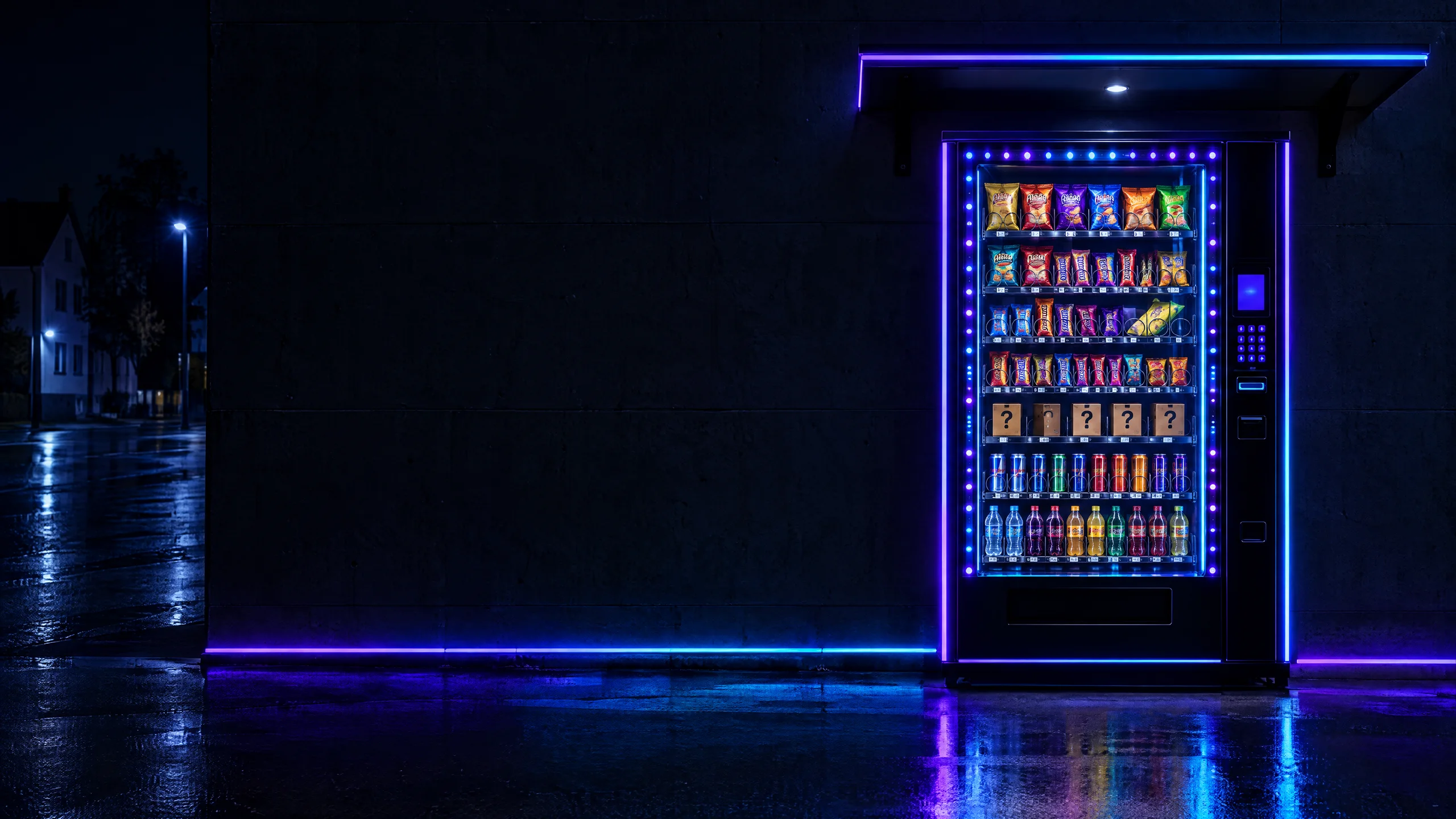 Beleuchteter SnackdoM-Automat bei Nacht, voll mit Snacks und Drinks