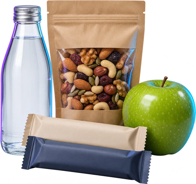 Wasser, Nüsse, Proteinriegel und Apfel