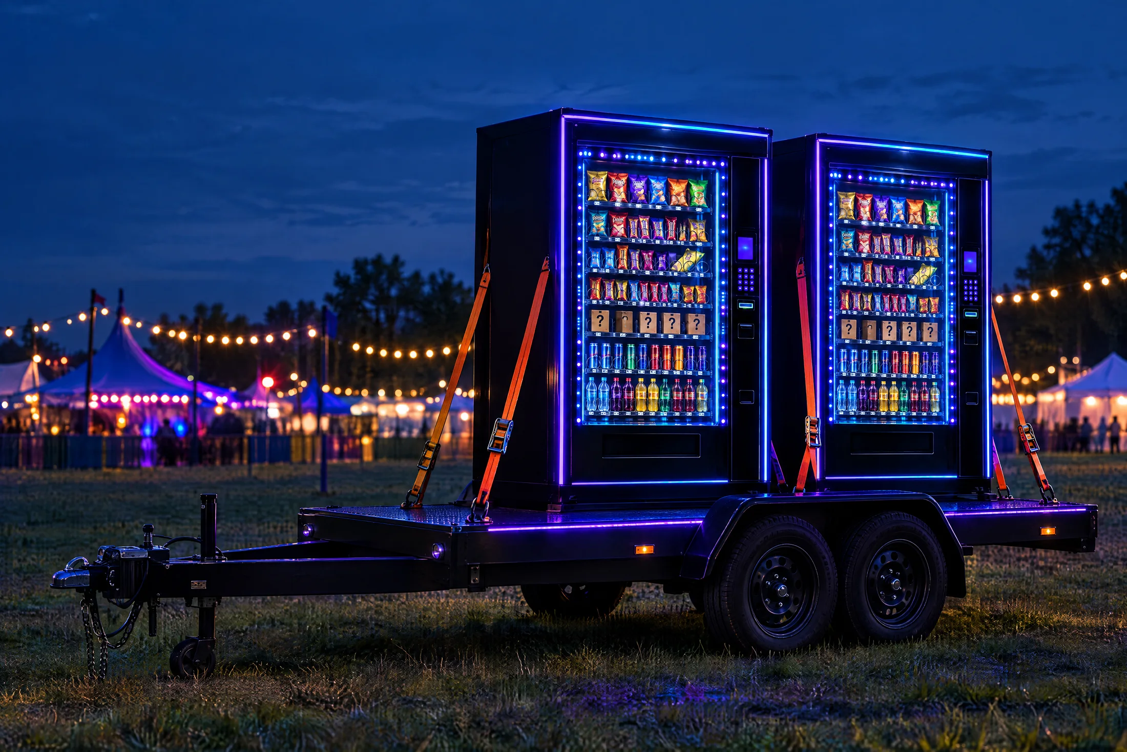 Zwei beleuchtete Automaten auf einem Anhänger bei einem Fest am Abend