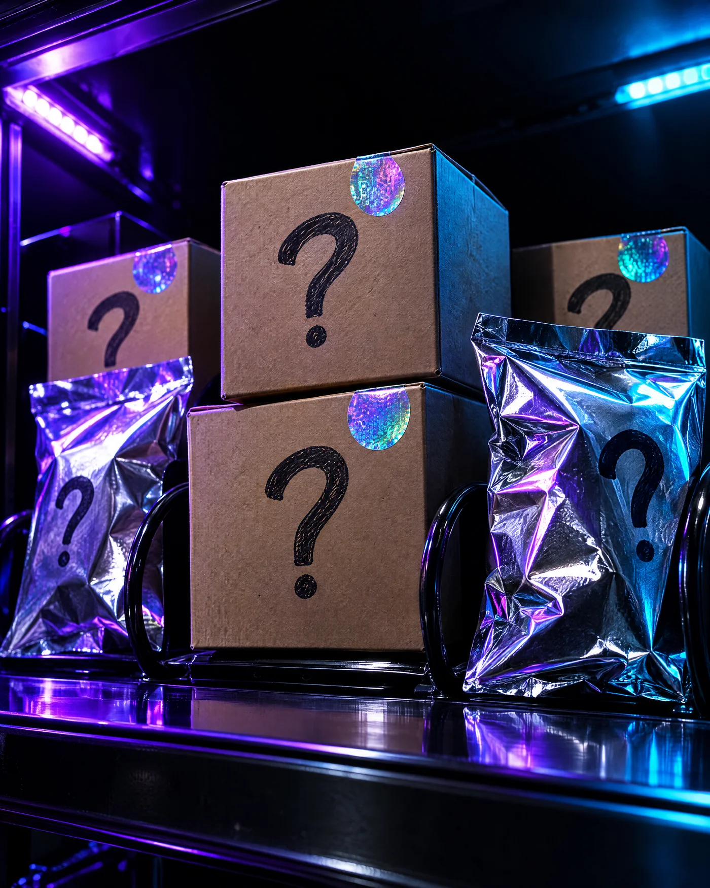 Mystery Packs mit Fragezeichen im beleuchteten Automatenfach