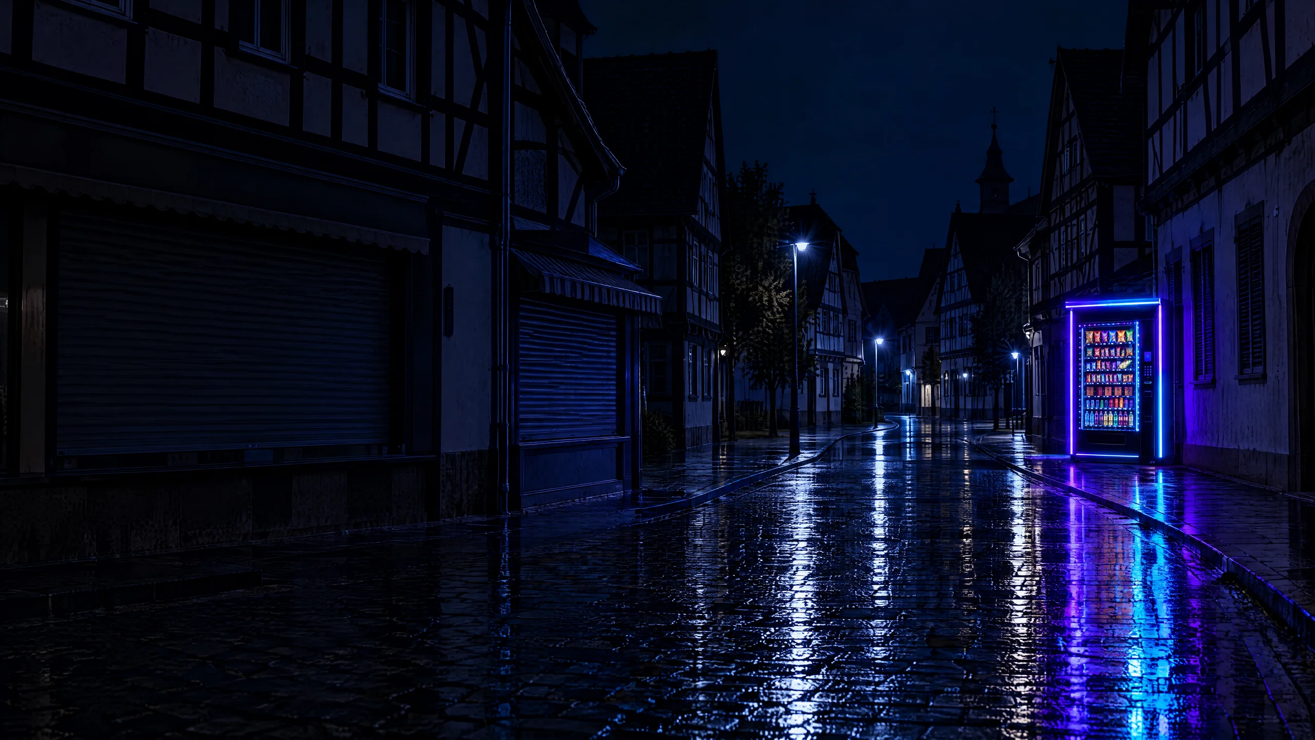 Nächtliche Altstadtgasse mit geschlossenen Läden, am Ende leuchtet der Automat