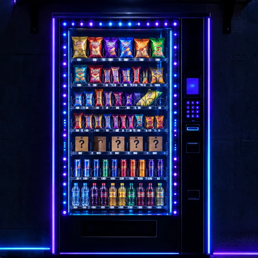 Beleuchteter Automat, voll mit Snacks, Drinks und Mystery Packs